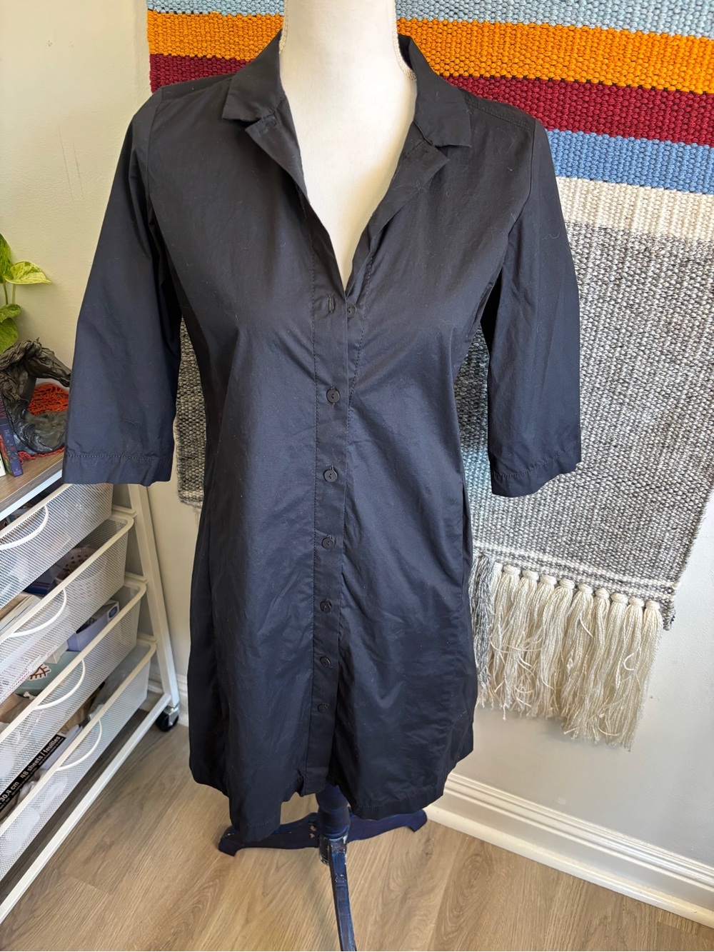 Eileen Fisher Black Cotton Button-Front Mini Dress
